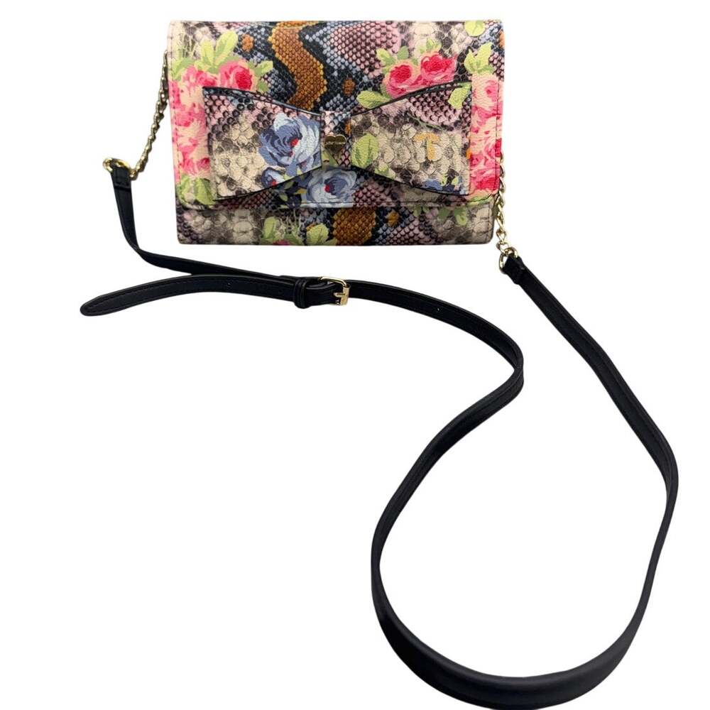 Betsey Johnson Floral Bow Snake Print Built In Wallet Crossbody Bag Purse